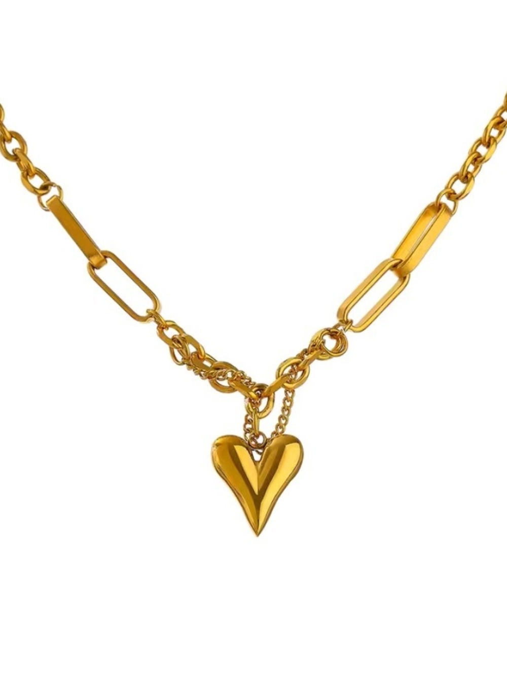 Gold Heart Charm Chunky Link Necklace - Waterproof PVD